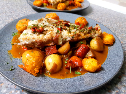 Steamed Hake with Chorizo & Olives recipe, eat well on universal credit