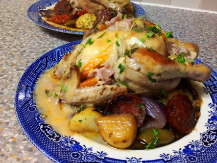 Poussin Au Vin with tray baked Vegetables